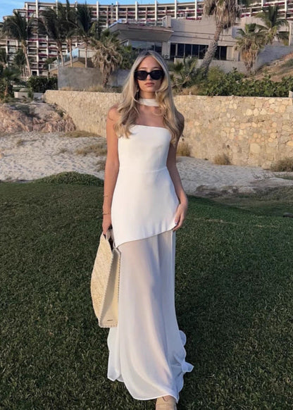 Strapless Chiffon Panel Gown with Asymmetrical Drape