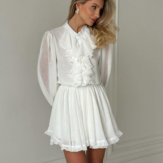 Elegant Ruffled Collar Long Sleeve Mini Dress