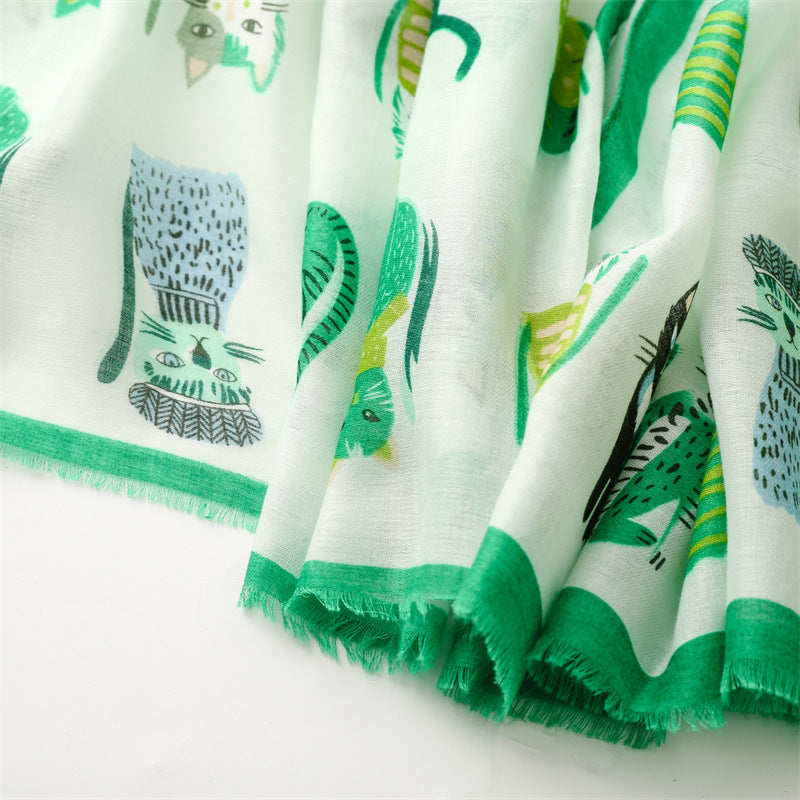 Spring And Autumn Sunscreen Cute Cat Paradise Printed Silk Scarf Satin Cotton Long Scarf