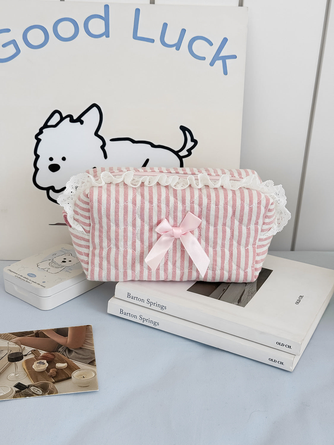 Pastel Striped Lace Storage Pouch Cute Fresh Style