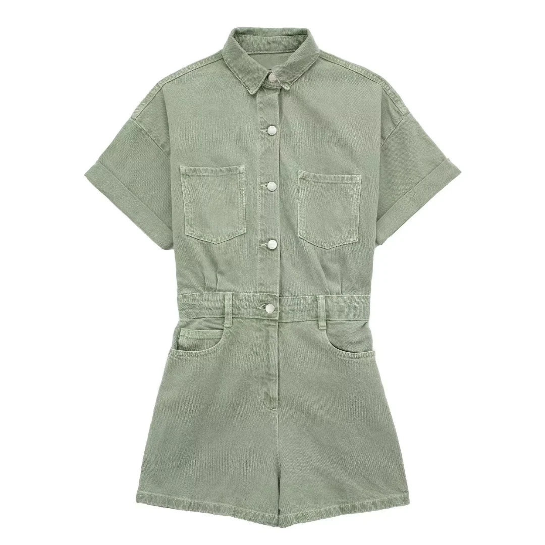 Casual Solid Color Denim Short Romper