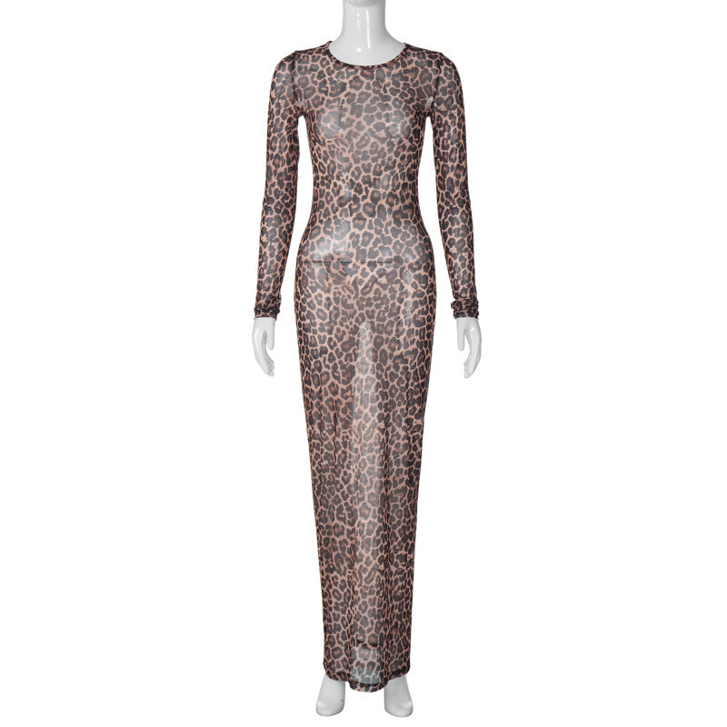 Sensual Animal Print Mesh Dress Slim Fit Long Sleeve