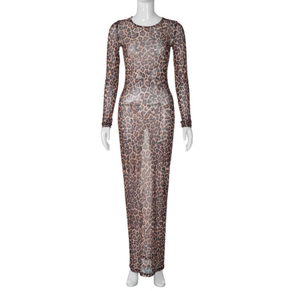 Sensual Animal Print Mesh Dress Slim Fit Long Sleeve