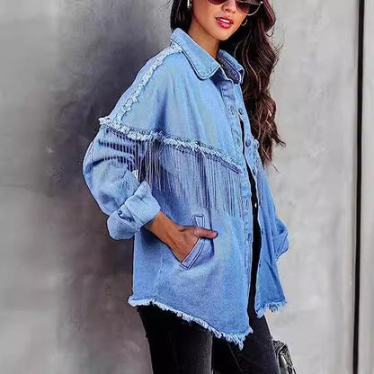 Street Fashion Studded Denim Jacket with Chain - Trendy Casual Outerwear