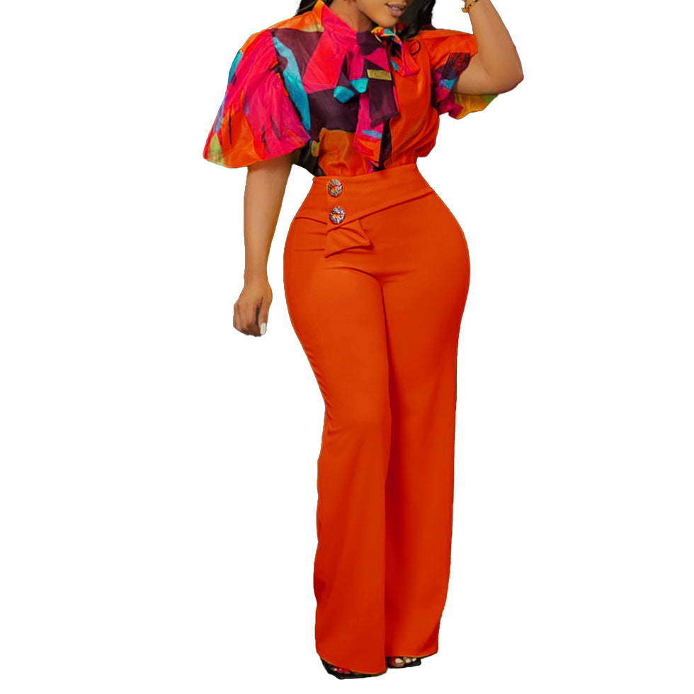 Floral Print Long Sleeve Collared Shirt And Wide Leg Pants Set
