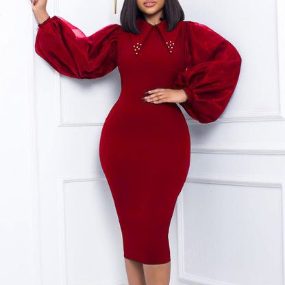 Pencil Skirt Dress With Beading And Mesh Panel