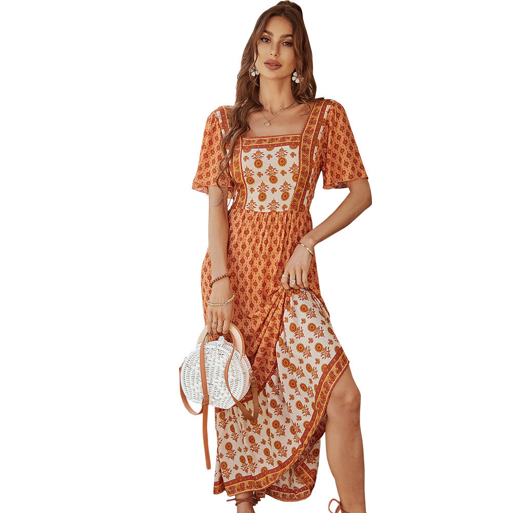 Elegant Floral Printed Maxi Dress with Square Neckline