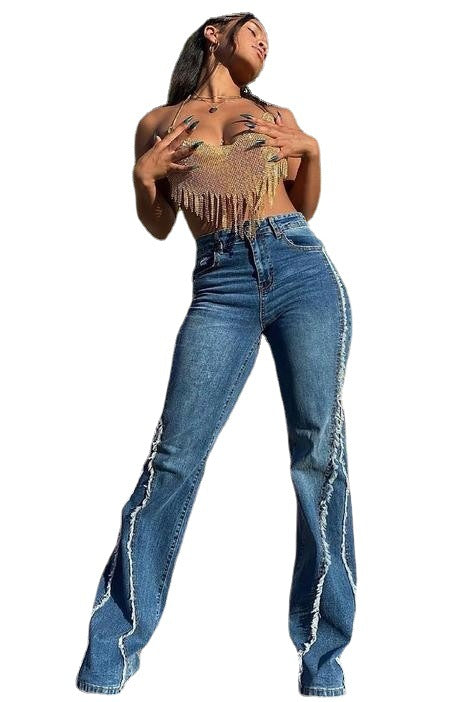 High-Waisted Distressed Denim Straight Leg Jeans