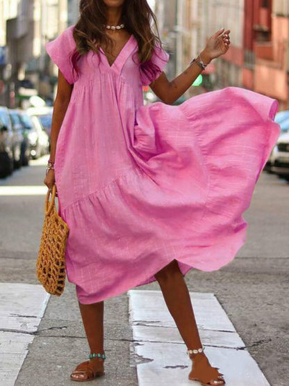 Street Style Solid Color Boho Maxi Dress Summer Candy Color Plus Size S-5Xl V-Neck Loose Irregular Long Dress