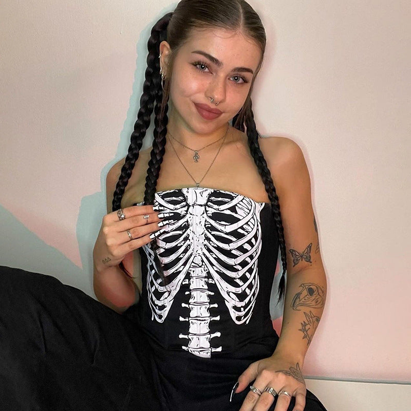 Skeleton Print Strapless Crop Top