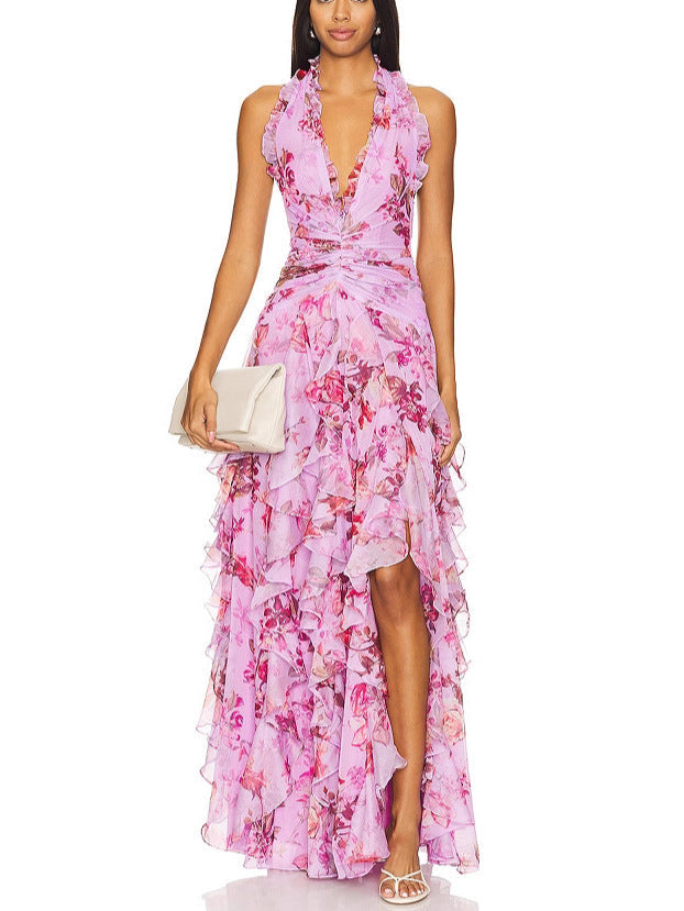 Elegant Floral Ruffle Waist Midi Dress