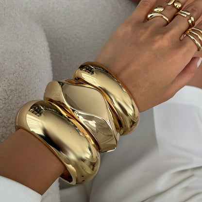 Geometric Metal Cuff Bracelet With Spring Closure - Unique Modern Design