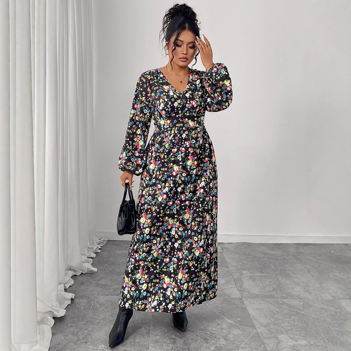 Printed V-Neck High-Waist Loose Maxi Dress