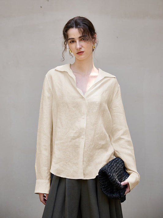 High-Quality Linen Long Sleeve V-Neck Blouse for Women