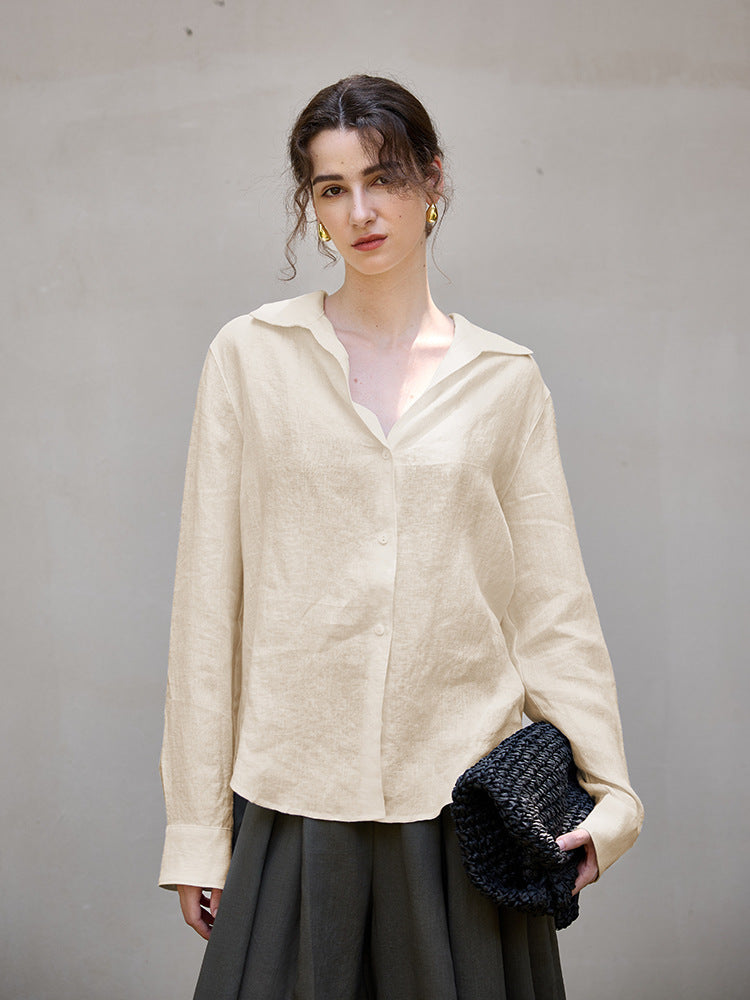 Linen V-Neck Long Sleeve Shirt For Women - Casual Elegant Office Top