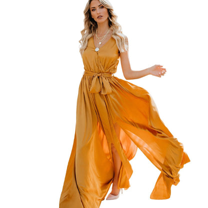 Bohemian Solid V-Neck Sleeveless High Slit Maxi Dress