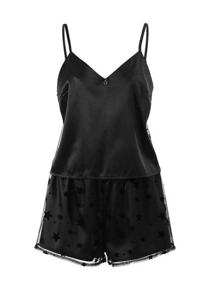Star Mesh Satin Pajama Set Black