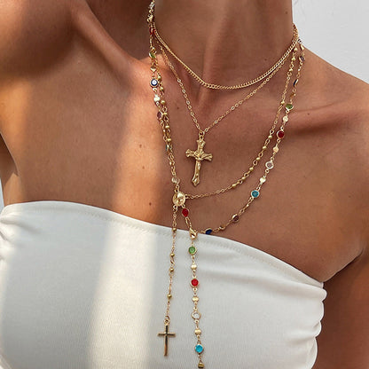 Hip Hop Cross Pendant Necklace With Imitation Pearl Chain