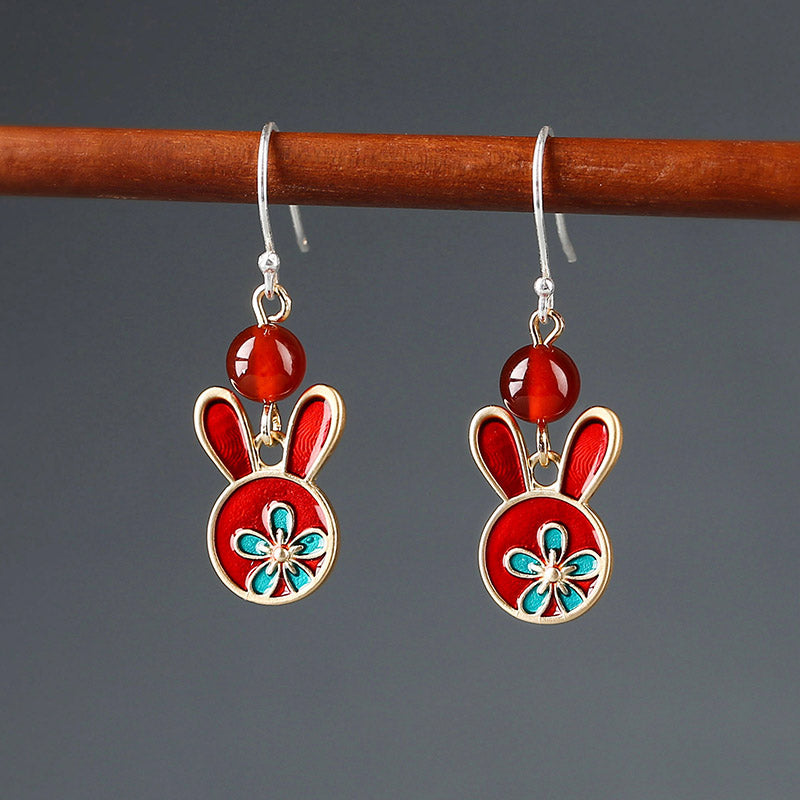 Red Earrings Antique Rabbit Earrings With Cheongsam Retro Sterling Silver Ethnic Earrings