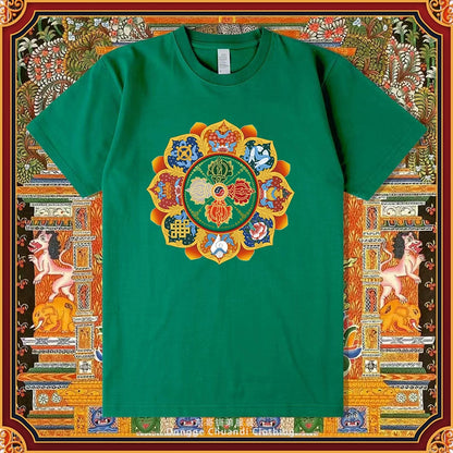 Diamond Pestle Babao New Printed Pure Cotton Mantra Wheel T-Shirt Top, Buddhist Men'S And Women'S High-End Clothing