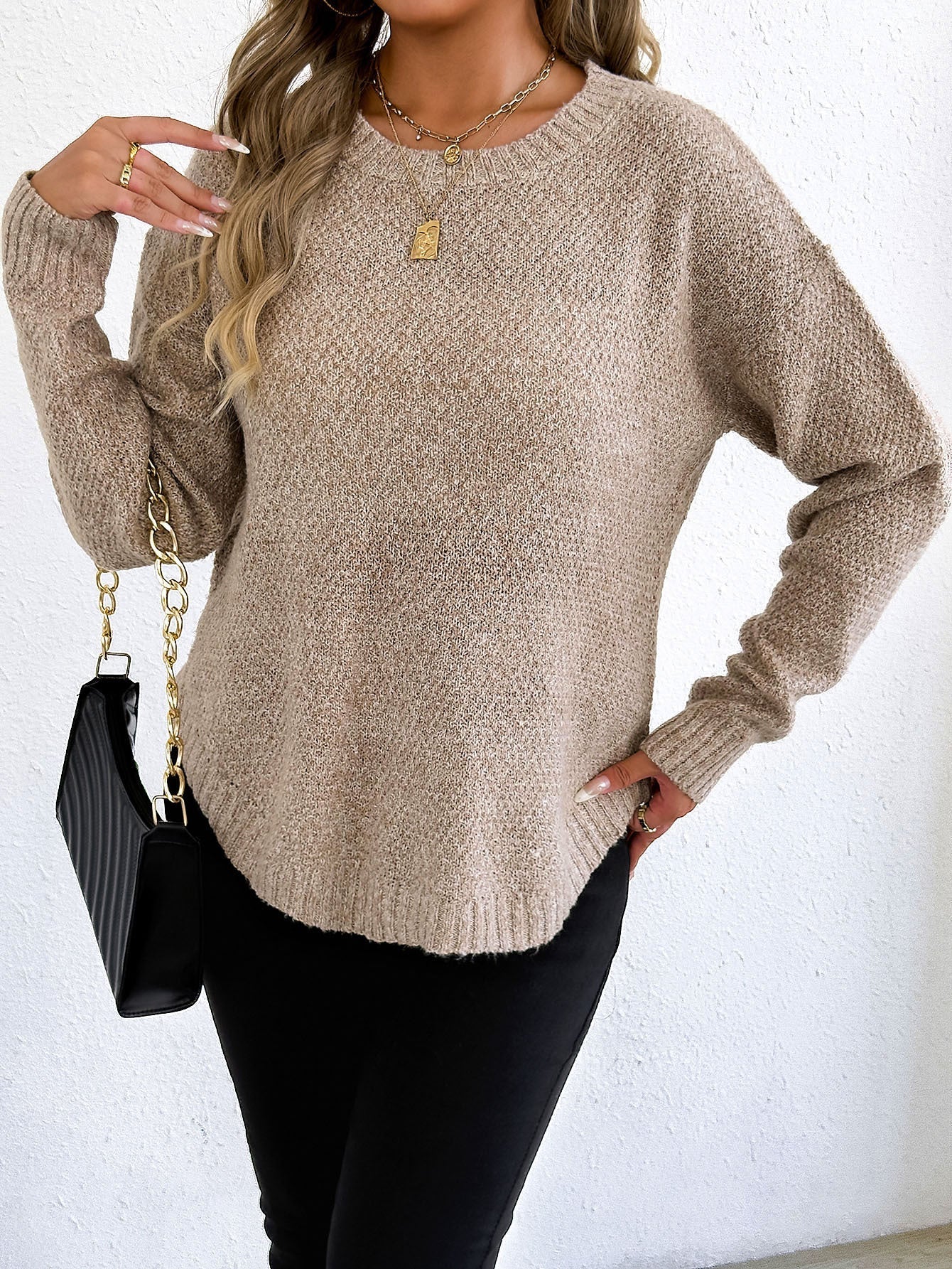 Women'S Casual Pullover Sweater Textured Fleece Round Neck