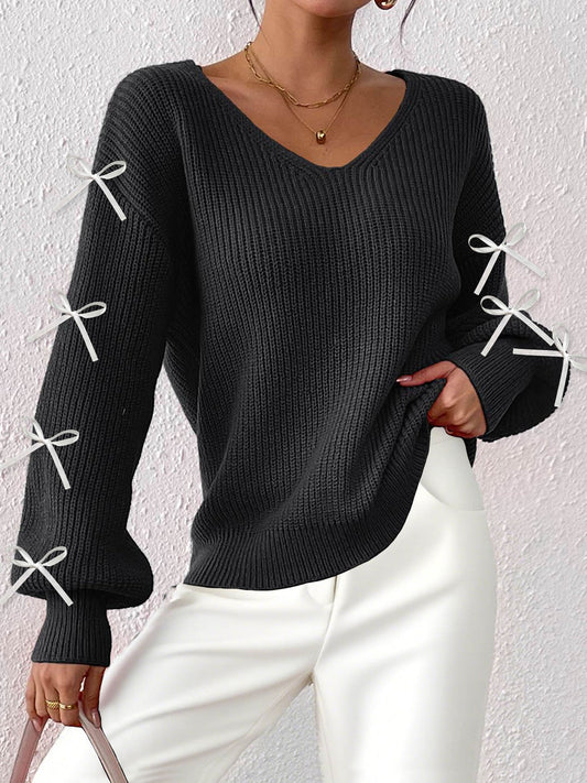 Ribbon Bow Detail V-Neck Sweater Casual Knit Top
