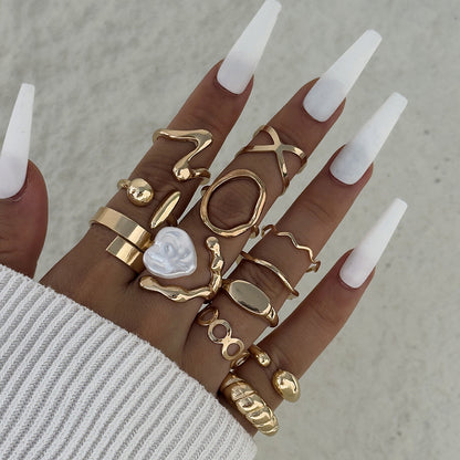 Irregular Pearl Ring Set Trendy Gold Retro Geometric Statement Rings