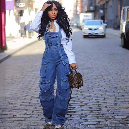 Loose Fit Denim Overalls With Pockets For Women