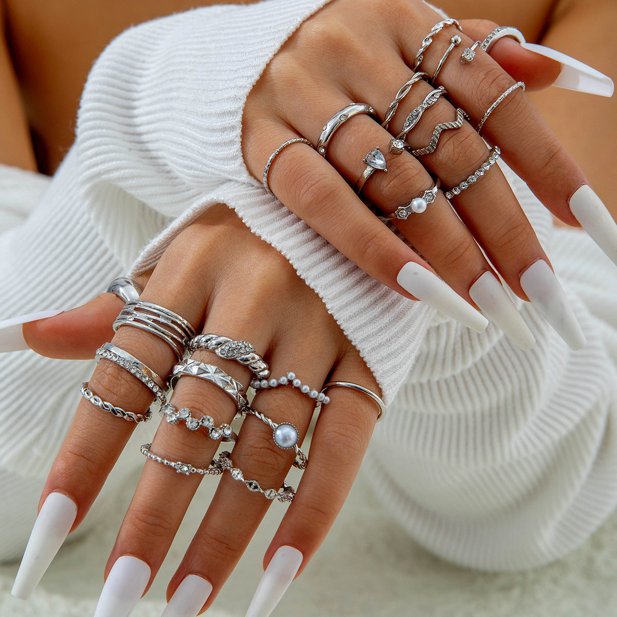 Trendy Leaf Heart Rings Geometric Pearl Joint Stacking Ring Set