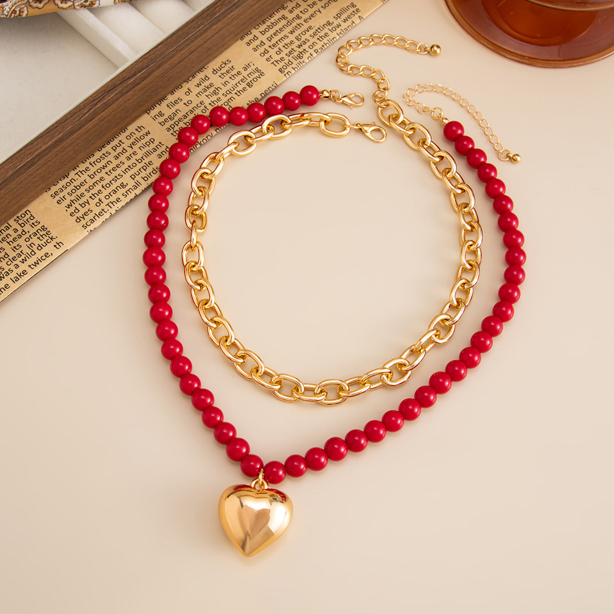 Vintage Red Acrylic Beaded Tube Necklace With Heart Pendant