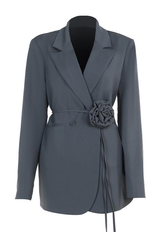 Belted Wool Blend Blazer With Floral Accent