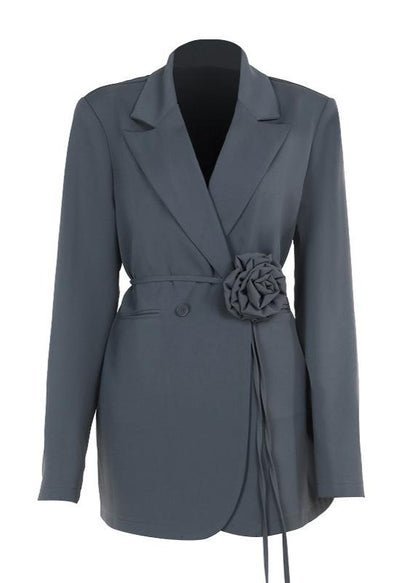 Belted Wool Blend Blazer With Floral Accent
