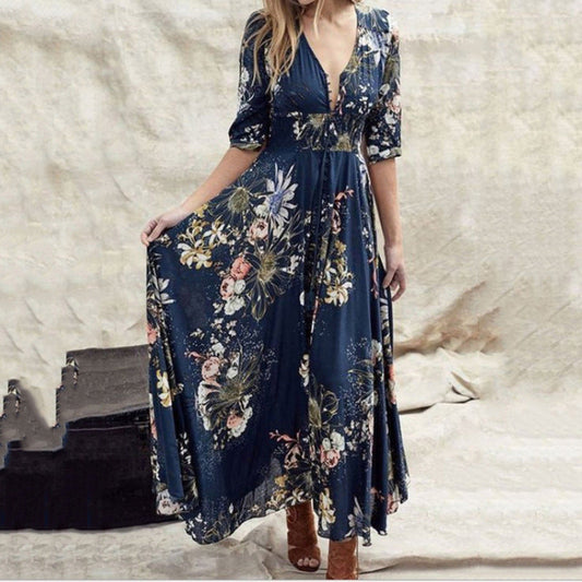 Summer Low-Key Luxury Simple Girls Plus Size Women'S Clothing Personalized Printing Design V-Neck Sexy Dress