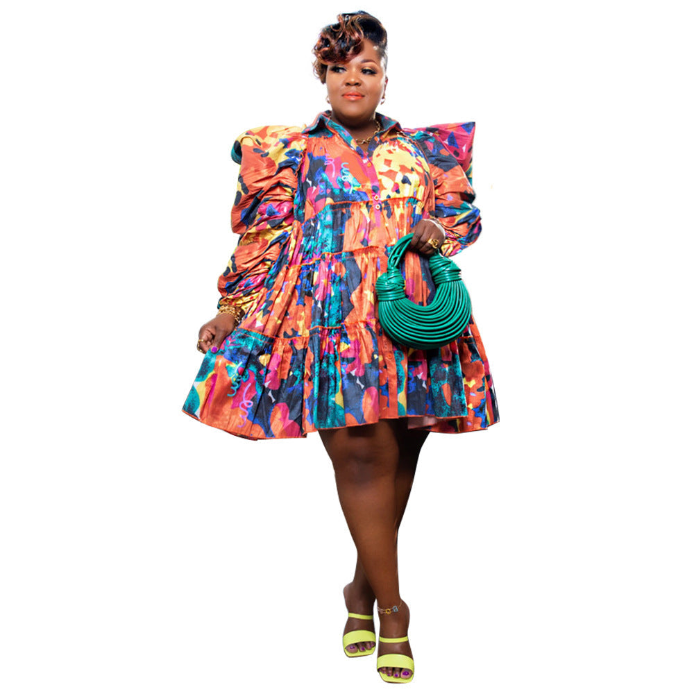 Fashionable Floral Ruffle Button-Up Dress Plus Size