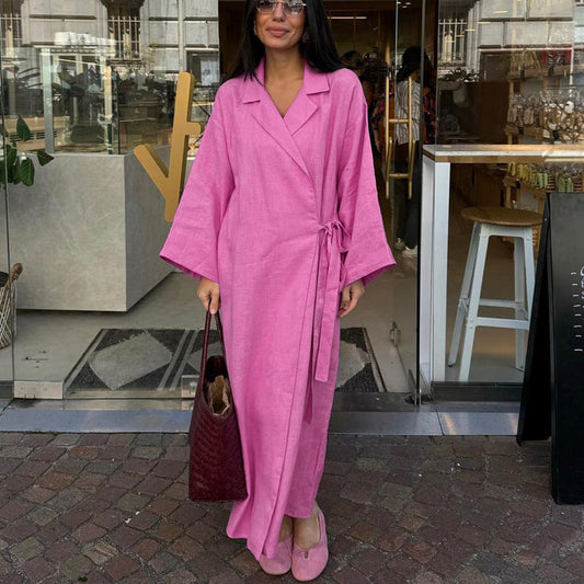 Pink Cotton Long Sleeve Tie Waist Maxi Dress