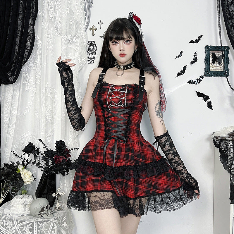 Gothic Style Checkered Mini Dress Comfortable Versatile Outfit