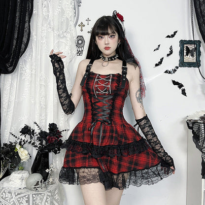 Gothic Style Checkered Mini Dress Comfortable Versatile Outfit