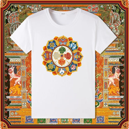 Diamond Pestle Babao New Printed Pure Cotton Mantra Wheel T-Shirt Top, Buddhist Men'S And Women'S High-End Clothing