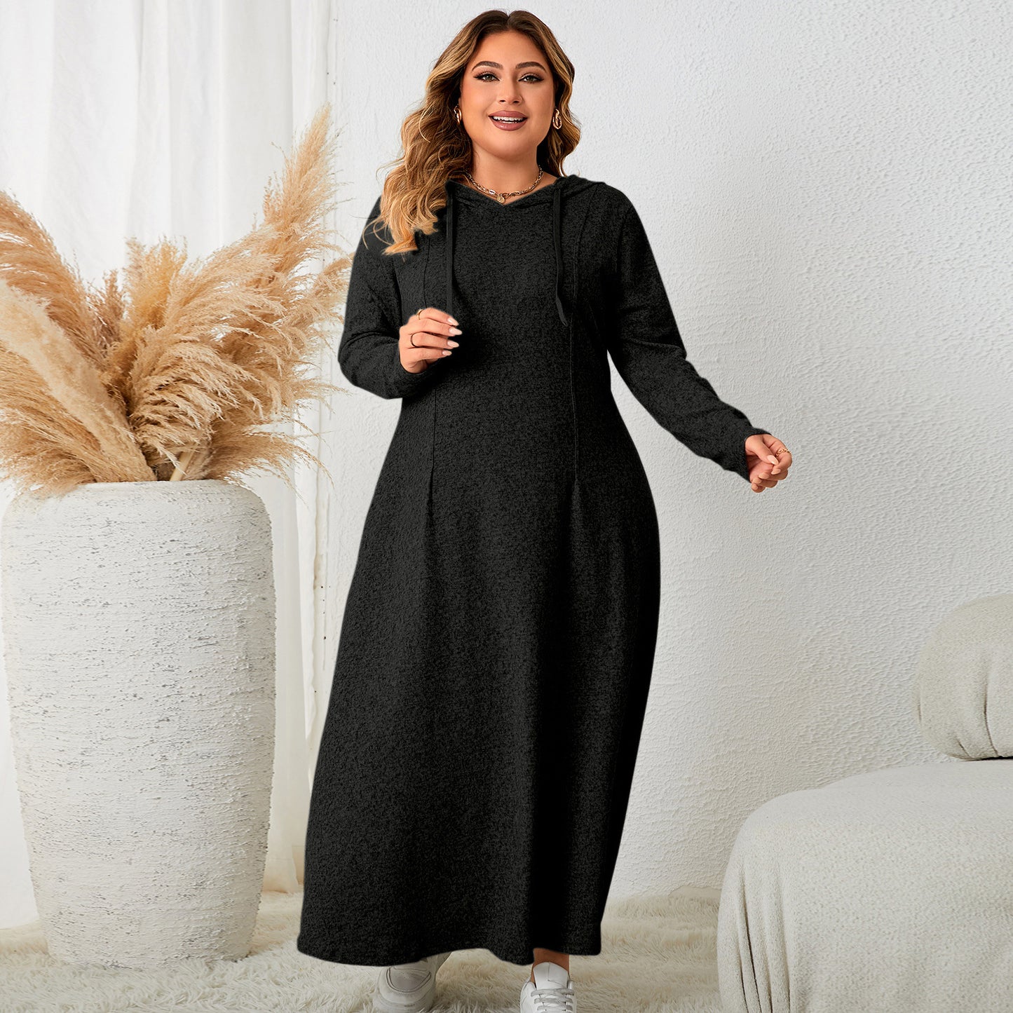 Casual Hooded Plus Size Dress Floral Print Polyester Elegant A-Line