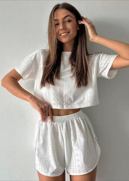 Eyelet Cotton Lounge Set Relaxed Fit Two Piece