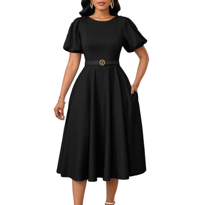 Elegant High-Waist A-Line Dress With Puff Sleeves
