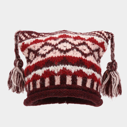 Boho Colorful Braided Tassel Knit Beanie Hat