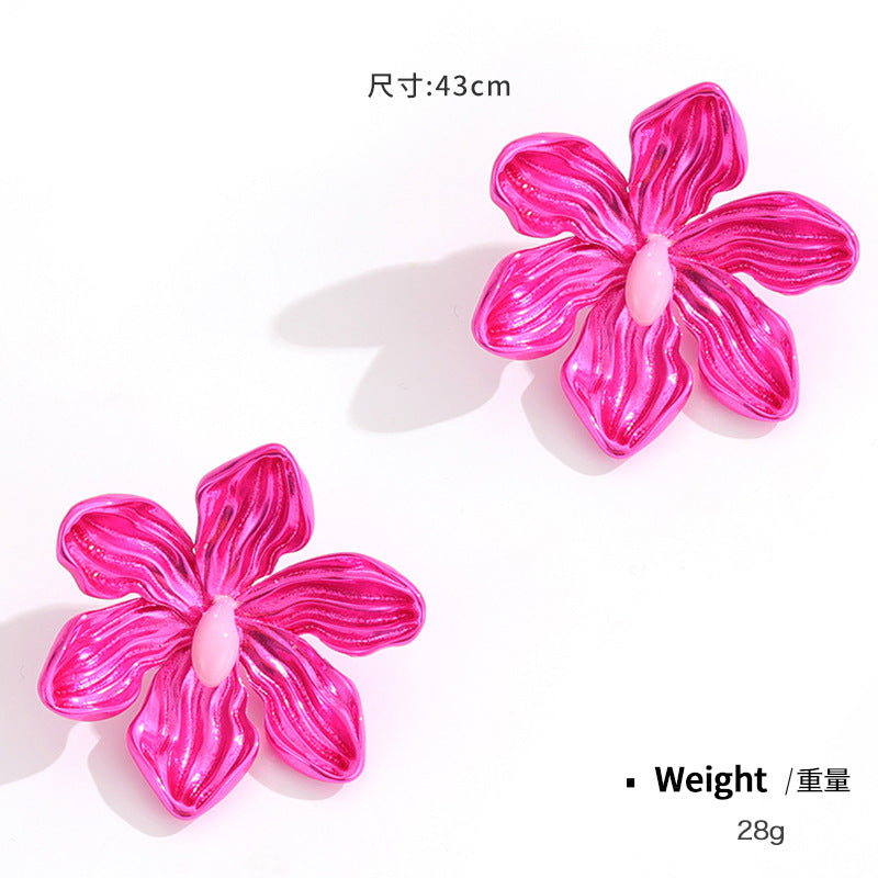 Metal Flower Bow Barbie Pink Stud Earrings Women'S Fashion Personality Earrings