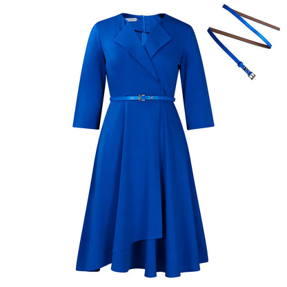 Elegant V-Neck Solid Color A-Line Dress With Belt
