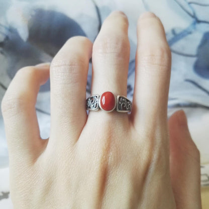 S925 Silver Plated Hollow Pattern Agate Ring With Imperial Ancient Style, National Style, Retro Style Ring