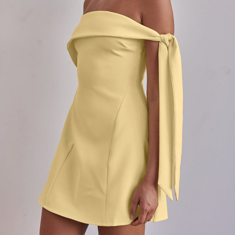 Off-Shoulder Short Mini Dress Trendy Yellow A-Line Dress