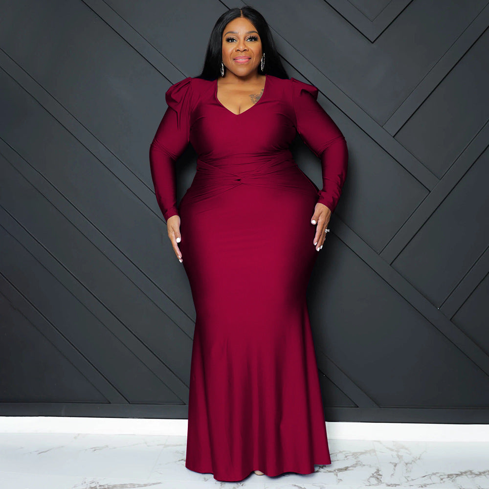 Sleek Solid Color Long Sleeve V-Neck Dress For Night Out