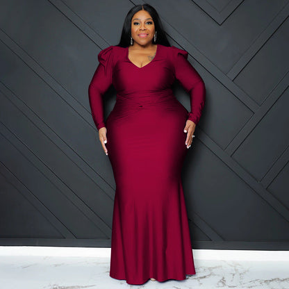Sleek Solid Color Long Sleeve V-Neck Dress For Night Out