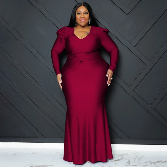 Sleek Solid Color Long Sleeve V-Neck Dress For Night Out