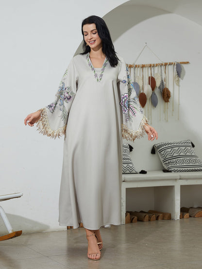 Arabic Printed Tassel Long Dress For Women